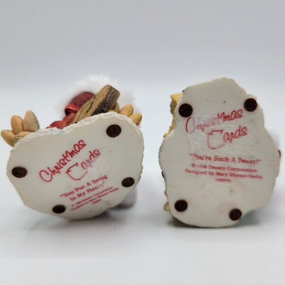 Vintage 1996 Christmas Card ENESCO Cardinal Bird Figurine Set Of 2 Santa Hats - Picture 3 of 14